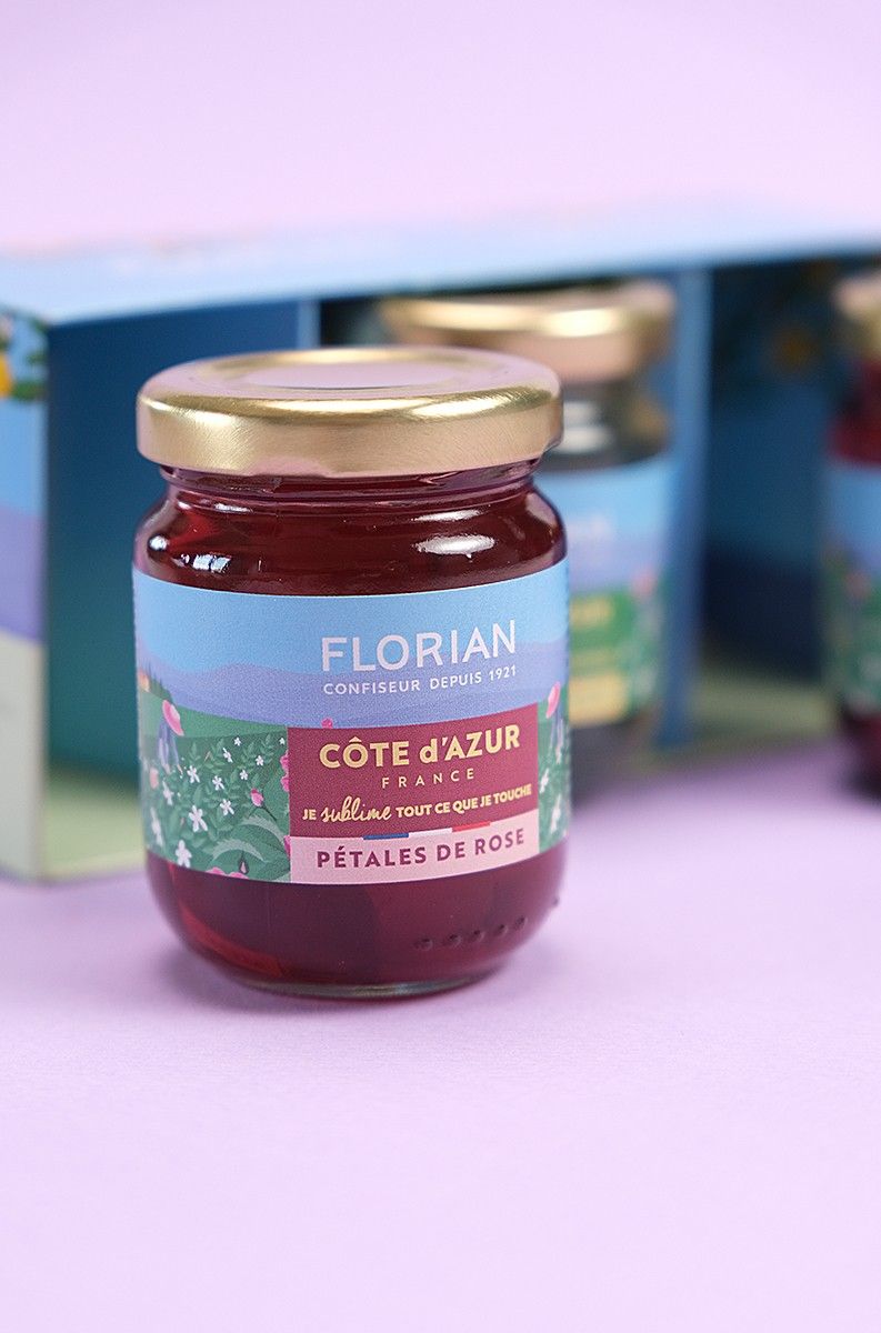 3 glass jars, Violet, Jasmine, Rose - Confiserie Florian