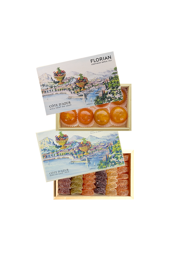 Set of two Côte d'Azur giftboxes, fruit pastes and candied clementines.