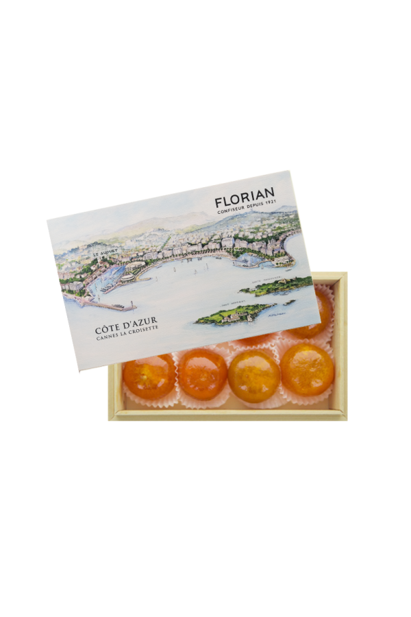Coffret clémentines confites coffret en bois décor Cannes - Confiserie Florian