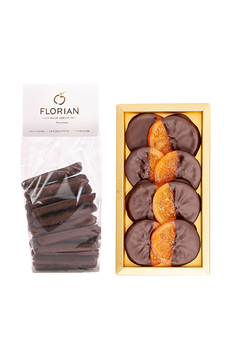 Set of chocolate coated orange peel and slices
