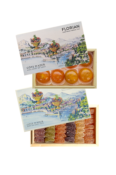 Set of two Côte d'Azur giftboxes, fruit pastes and candied clementines.