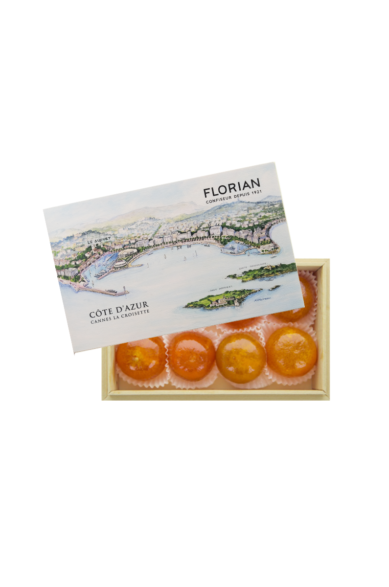 Coffret clémentines confites coffret en bois décor Cannes - Confiserie Florian