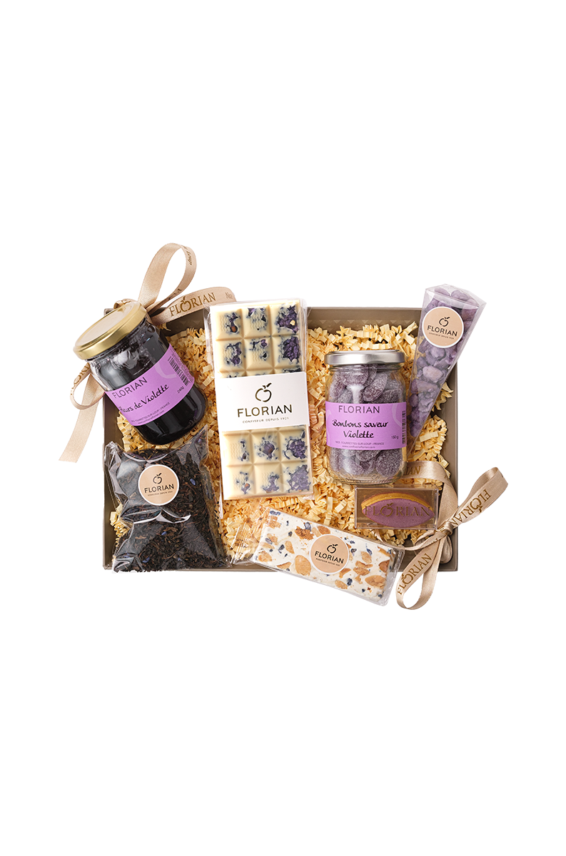 Panier gourmand de spécialité à la violette - Violette cristallisée - bonbons à la violette - délice de violette - Confiserie Florian