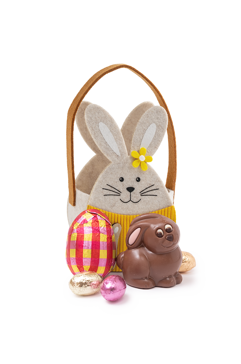 Pochon lapin de Pâques - sujet en chocolat et œufs en chocolat