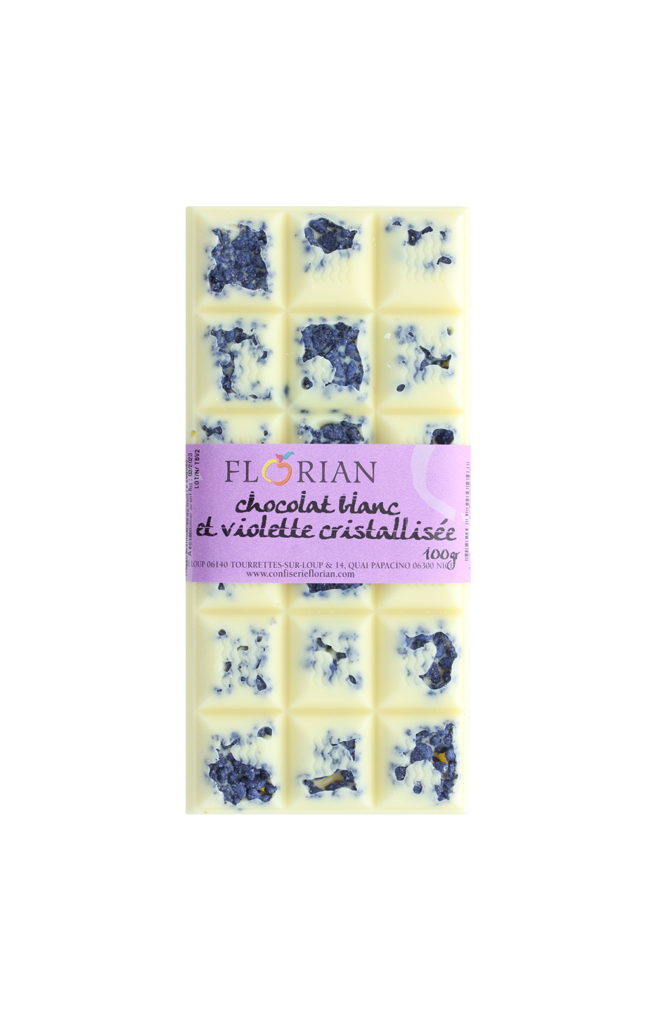 tablette de chocolat blanc à la violette cristallisée
