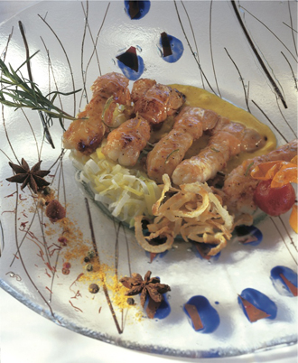 Brochette de langoustines caramélisées à la confiture de mandarine